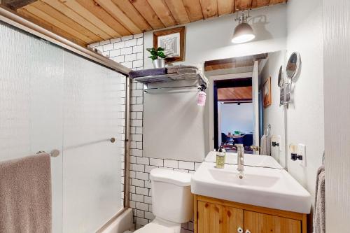 斯德特莱恩Hilltop Lodge的一间带水槽、卫生间和淋浴的浴室