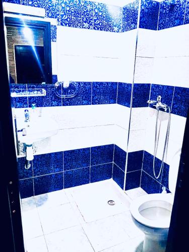 阿加迪尔Appartement luxueux Centre Agadir的蓝色和白色的浴室设有淋浴和卫生间