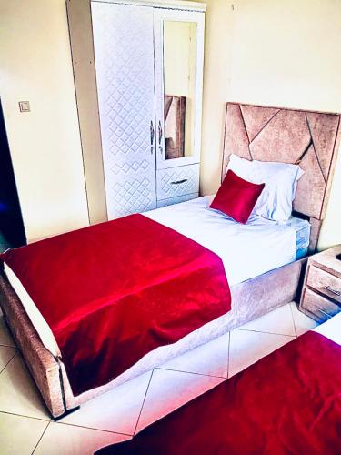 阿加迪尔Appartement luxueux Centre Agadir的一间卧室配有一张带红色毯子的大床