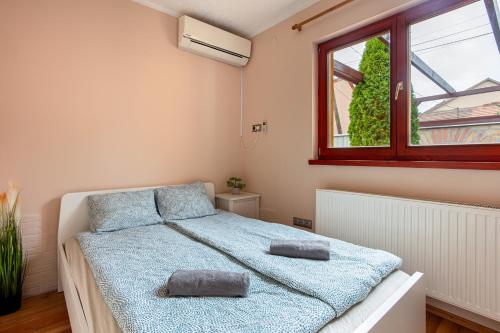 布达佩斯Rivercity South Buda Hills的一间卧室配有一张带两个枕头的床