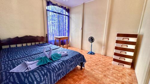 Dos BrazosEl Manantial de Corcovado的一间卧室配有带梳妆台和窗户的床。