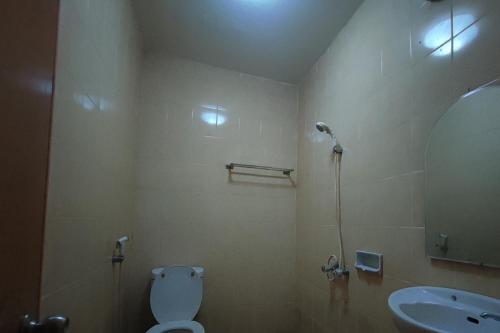 巨港OYO 93252 Garuda Bandara Guesthouse的一间带卫生间、水槽和镜子的浴室