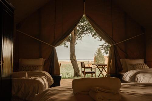 OrissaareMia Glamping的帐篷配有两张床、一张桌子和一棵树