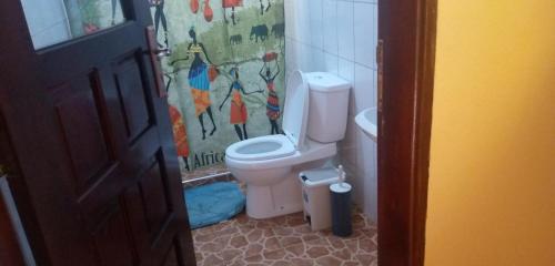 金贾Lycklama Guesthouse的一间带卫生间和淋浴帘的浴室