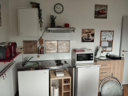 奥登布尔格Logies Lily的厨房配有炉灶和微波炉。