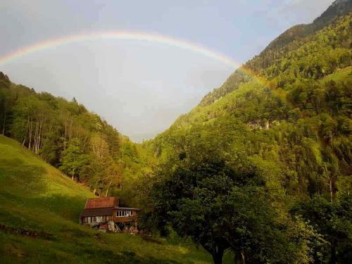 希希崆Panorama Jurte über dem Uri-See B的绿色山谷中一座房子的彩虹