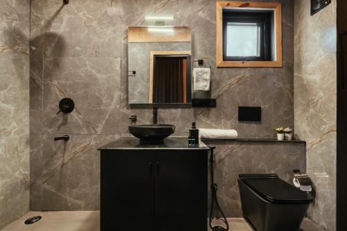 罗纳瓦拉Kabins - Homestay Near Pawna Lake, Lonavala的一间带水槽、卫生间和镜子的浴室
