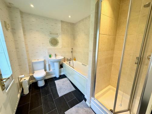 贝辛斯托克Elvetham Nest Guesthouse, Basingstoke的带淋浴、卫生间和盥洗盆的浴室
