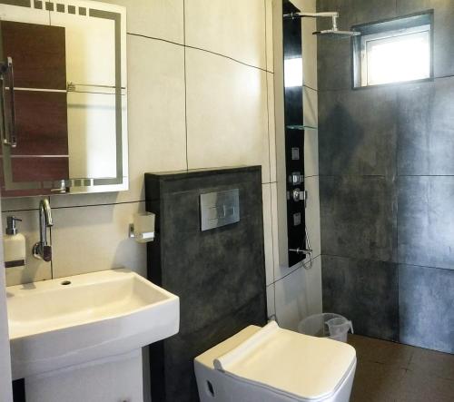 瓦加蒙Dellamore Havn的一间带水槽、卫生间和镜子的浴室