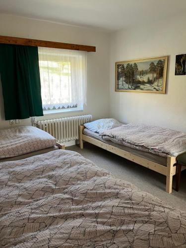 上贝奇瓦Venkovský dům Horní Bečva的一间卧室设有两张床和窗户。