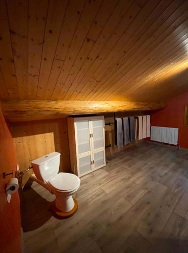 LevassaixAppartement Chalet Petzu - 6 Pers - Parking - Ski au pied的一间带卫生间的浴室,位于带木制天花板的客房内。
