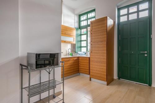 塞维利亚Apartamento en Sevilla vacacional的厨房设有绿门和微波炉