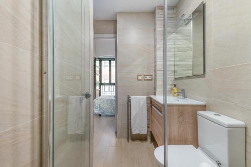 塞维利亚Apartamento en Sevilla vacacional的一间带卫生间和玻璃淋浴间的浴室