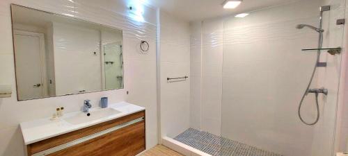 巴拿马城Fascinating Apartment City Center - PH Quartier Atlapa的白色的浴室设有水槽和淋浴。