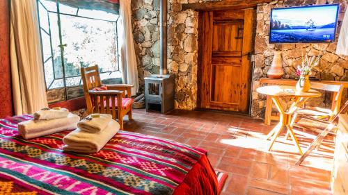 圣哈维尔Araoz de Lamadrid Hotel&Bodega的客房设有1张床、1台电视和1张桌子。
