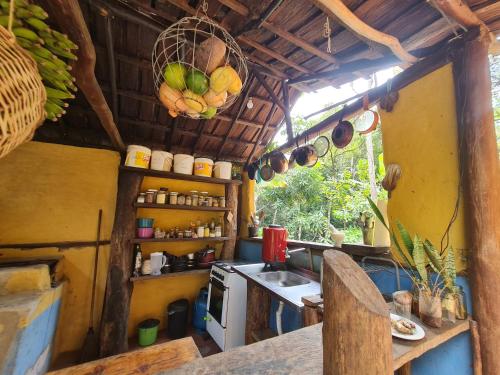 伊塔卡雷Que Brota Do Chão的厨房配有柜台、水槽和一篮水果