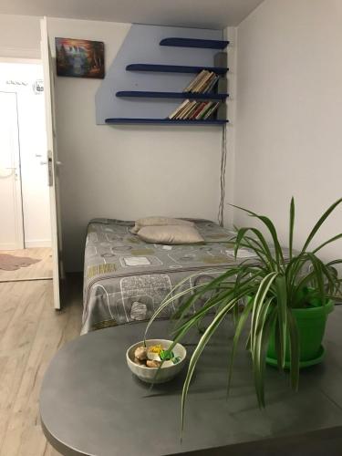 普列文Cozy loft apartment的一间有床的房间,一个放有植物的桌子上的碗