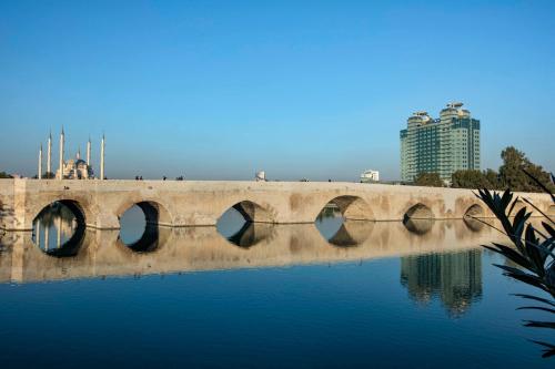 阿达纳阿达纳希尔顿酒店的一座水面上的桥梁,建筑背景