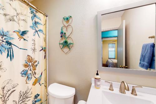 斯蒂尔沃特Casa de Cowboy的一间带水槽、卫生间和镜子的浴室