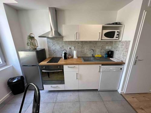 维也纳Appartement Vignes Vienne nord的厨房配有白色橱柜和不锈钢冰箱