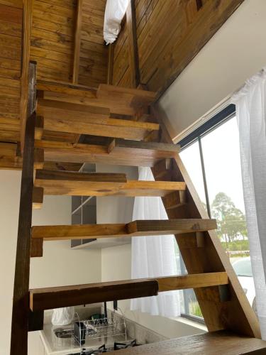 蓬塔格罗萨Pousada Portal dos campos的木制螺旋楼梯,位于带窗户的房子内