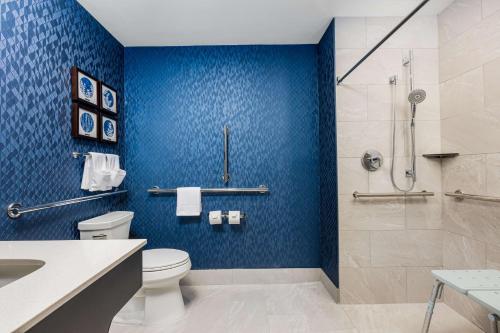 堪萨斯城Hotel Westport Kansas City, Tapestry Collection by Hilton的浴室设有卫生间和蓝色瓷砖淋浴。