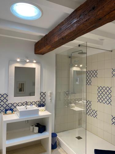 FénolsBrin de Cocagne的带淋浴、盥洗盆和镜子的浴室