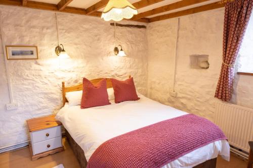 布里真德Swallow Cottage的一间卧室配有一张带红色枕头的床