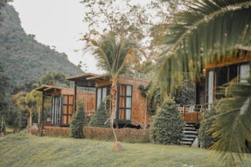 Ban Pha Saeng LangChiewlan Camp and Resort的前面有棕榈树的房子