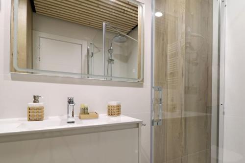 维耶拉Apartamento Hartza的一间带水槽、镜子和淋浴的浴室