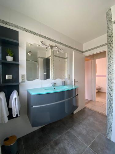 加普Découvrez le charme au cœur de Gap的浴室设有蓝色水槽和镜子