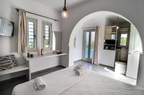纳乌萨米卡别墅酒店的一间带拱门的客厅和一间浴室