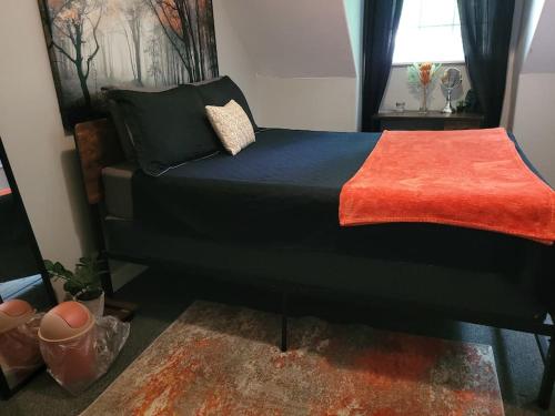 孟菲斯Cozy Delightful Private Studio near Rhodes College的一间卧室配有一张黑色床和红色毯子