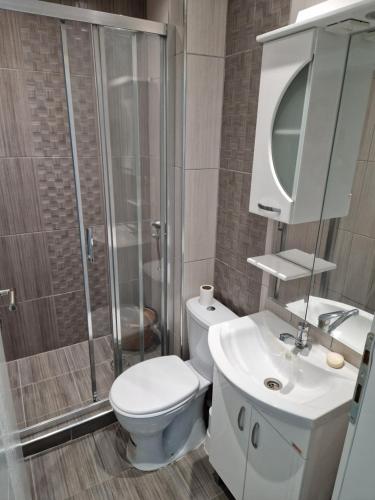 库马诺沃City Square Apartment的浴室配有卫生间、淋浴和盥洗盆。