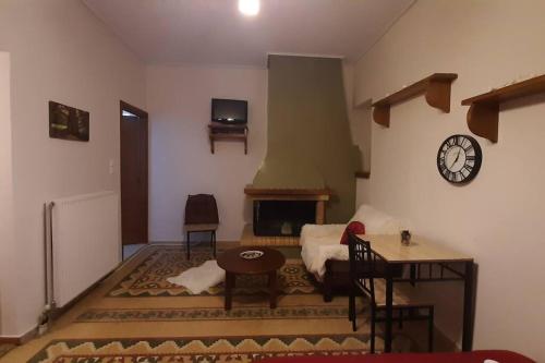 阿姆菲克利亚Ορεινό καταφύγιο Παρνασσού的客厅设有壁炉和墙上的时钟