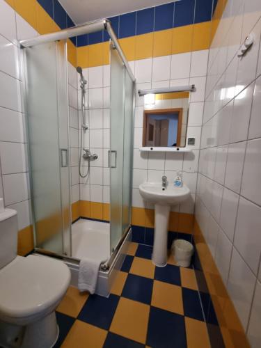 OzorkówZajazd Bazylia的带淋浴、卫生间和盥洗盆的浴室