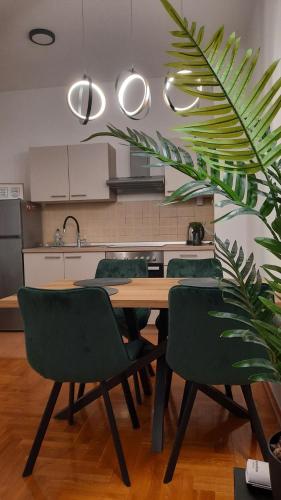 武科瓦尔Apartman Tena的厨房配有木桌和绿色椅子