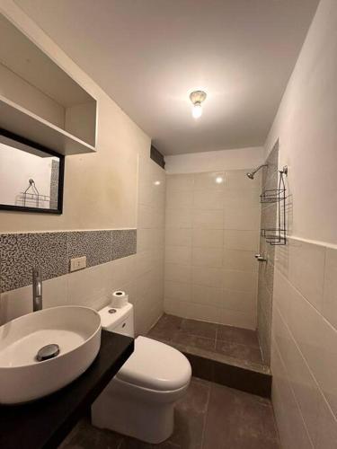 皮斯科Casa San Andrés Arenas I的浴室配有卫生间、盥洗盆和淋浴。