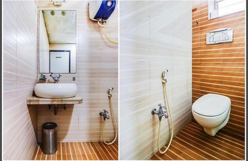 钱德加尔The Starlet Prime, A Hidden Peaceful Stay的浴室的两张照片,配有卫生间和水槽