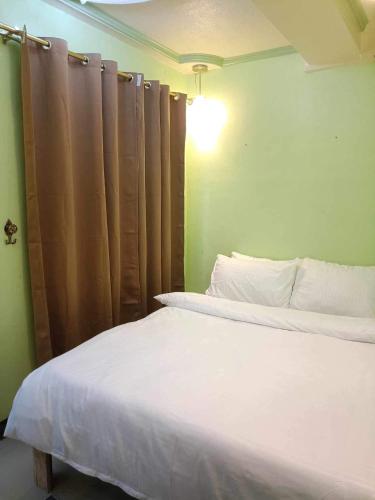 马尼拉Casa De Familia Staycation的卧室配有白色的床和绿色的墙壁