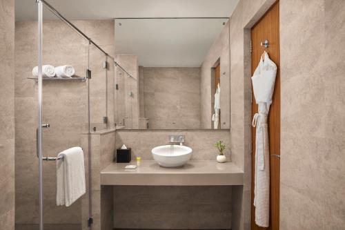 菩提伽耶Hyatt Place Bodh Gaya的一间带水槽和淋浴的浴室