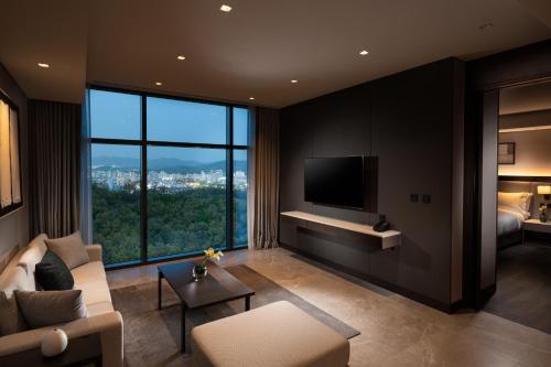 城南市DoubleTree By Hilton Seoul Pangyo Residences的带沙发和电视的客厅