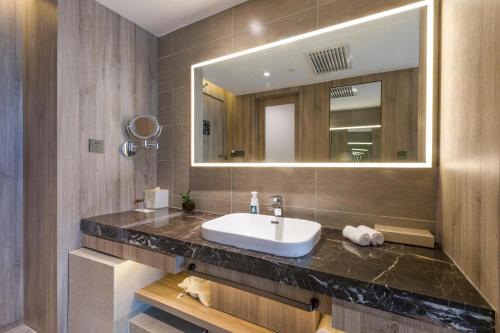 西宁西宁昆仑东路亚朵酒店的一间带水槽和镜子的浴室