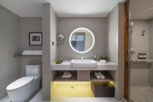 贵阳贵阳喷水池亚朵轻居酒店的一间带水槽、卫生间和镜子的浴室