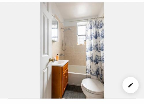 纽约Deluxe Manhattan room的浴室配有卫生间、盥洗盆和淋浴。