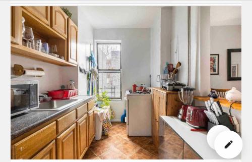 纽约Deluxe Manhattan room的厨房配有水槽和冰箱