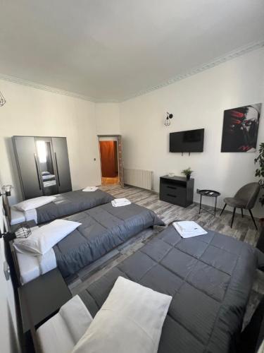 克拉约瓦Pensiunea Luisa的一间卧室配有两张床和一台平面电视