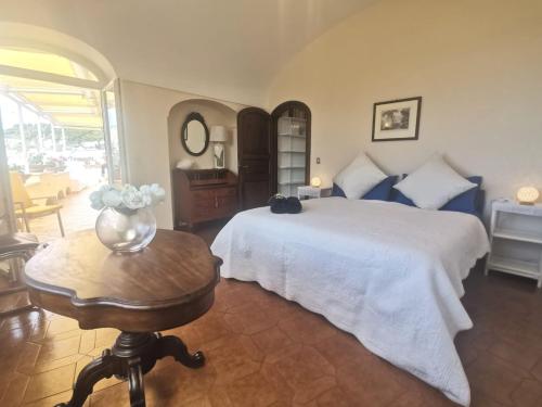 卡普里Sea View con terrazza e giardino的一间卧室配有一张床和一张花瓶桌子