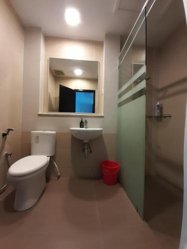 伯恩仓aparthotel cameron的一间带卫生间、水槽和镜子的浴室