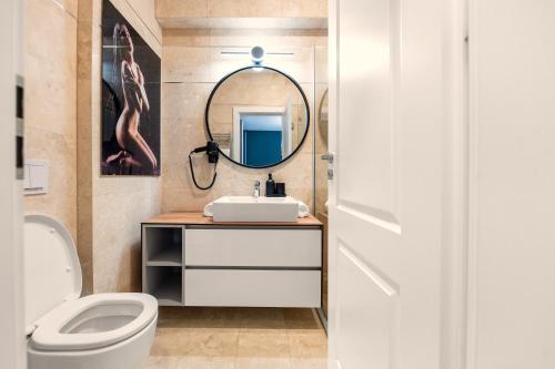 皮特什蒂Pitesti Residence的一间带水槽、卫生间和镜子的浴室